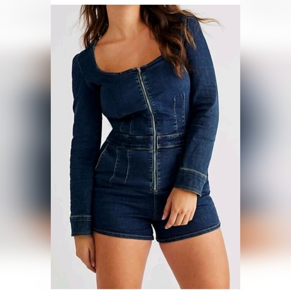 Free People x We the Free CRVY Blue Denim High Society Playsuit Romper US 6